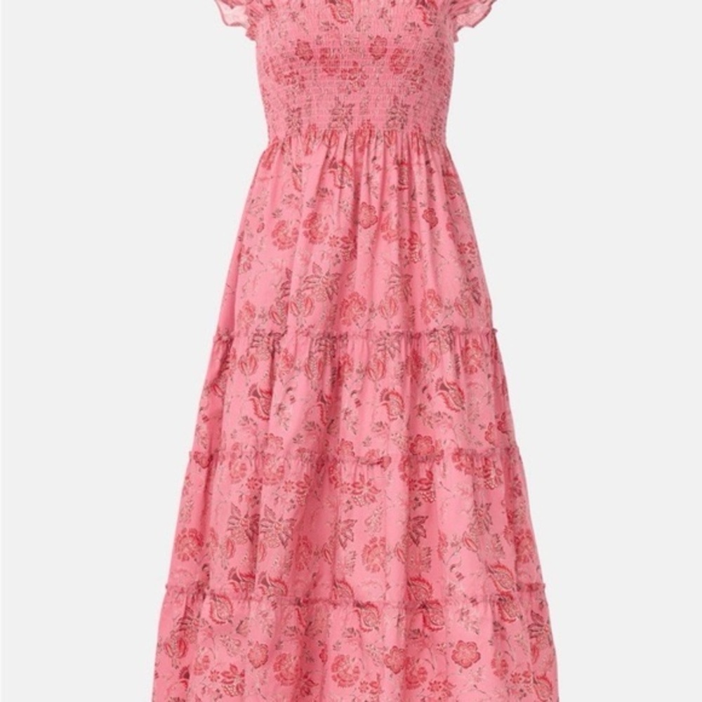 Pink Floral Midi Dress with Smocked Bodice